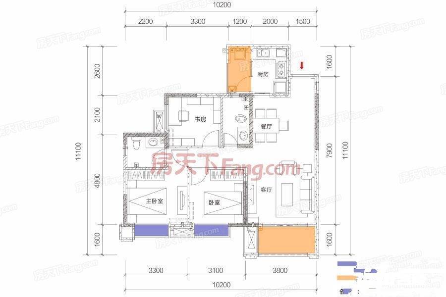 锦绣山河低碳智慧新城3室2厅2卫93.3㎡户型图