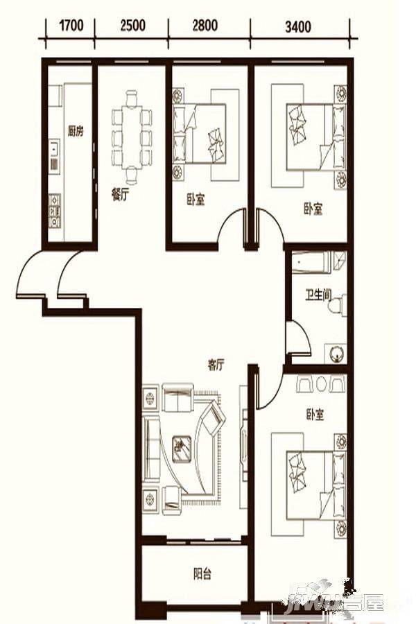 凤凰永安居3室2厅1卫125㎡户型图