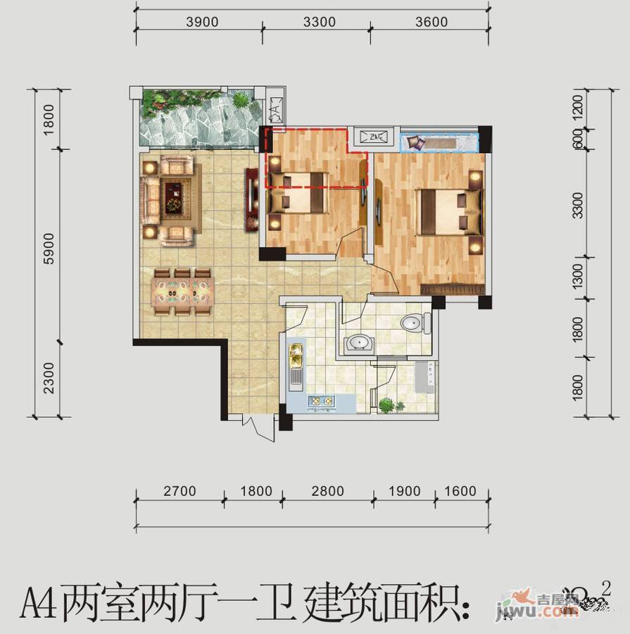 农商行春天广场2室2厅1卫92.4㎡户型图