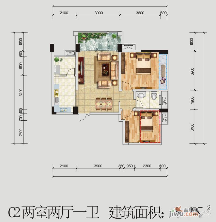 农商行春天广场2室2厅1卫81.3㎡户型图