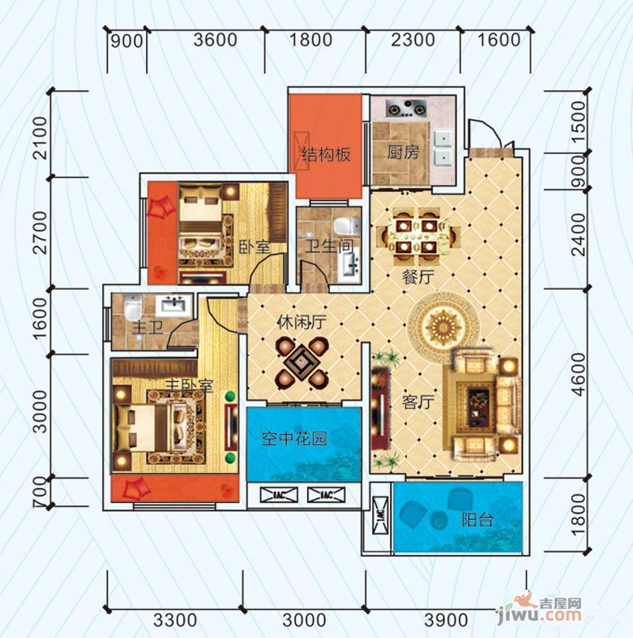 龙城一号2室2厅2卫93.4㎡户型图