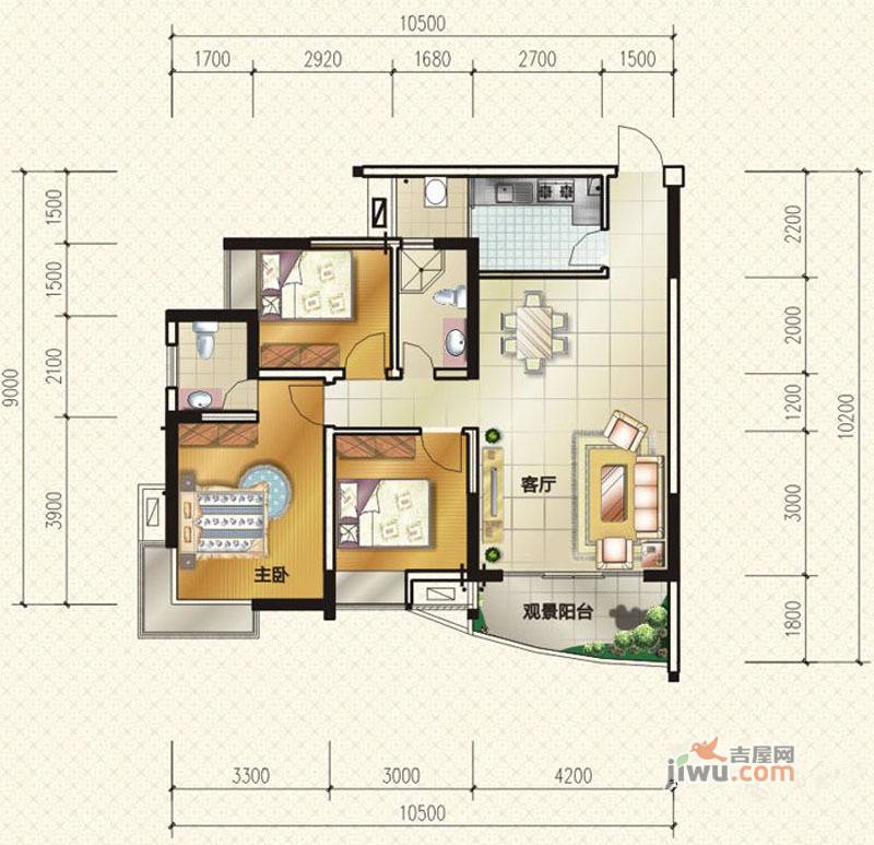 悦城逸景3室2厅2卫98.3㎡户型图