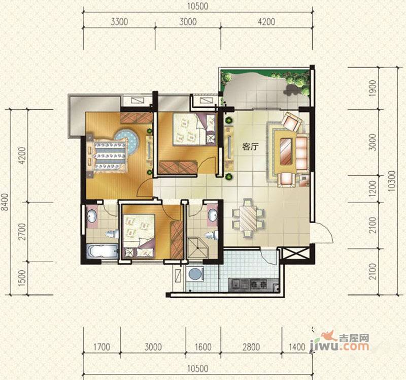 悦城逸景3室2厅2卫97.2㎡户型图