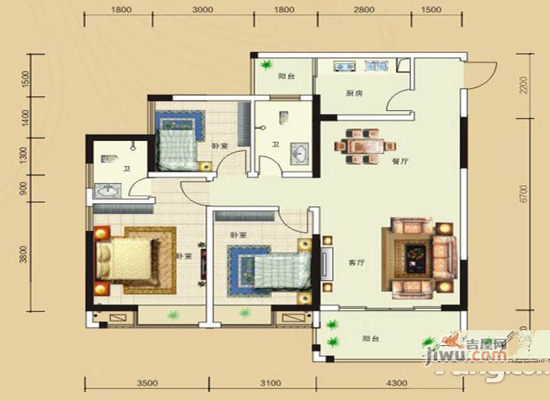 兴华苑3室2厅2卫112.6㎡户型图