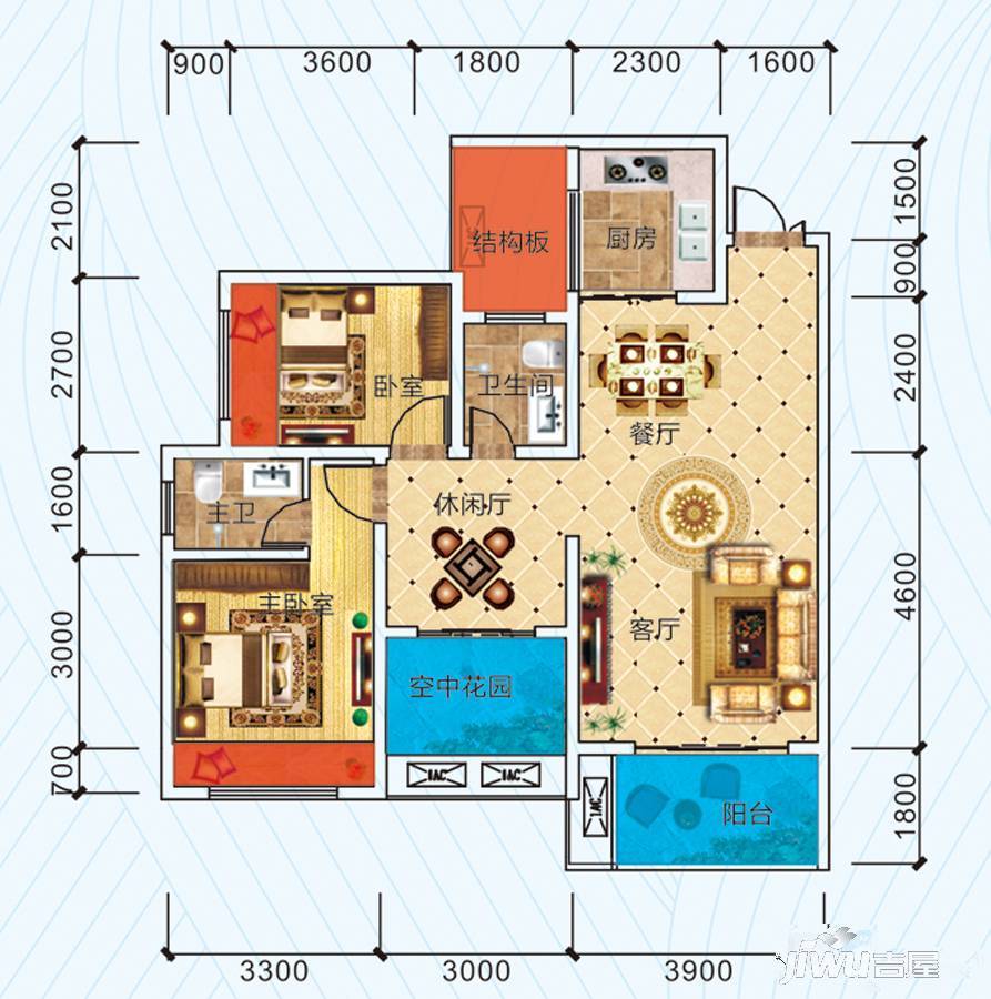 龙城一号2室2厅2卫93.4㎡户型图