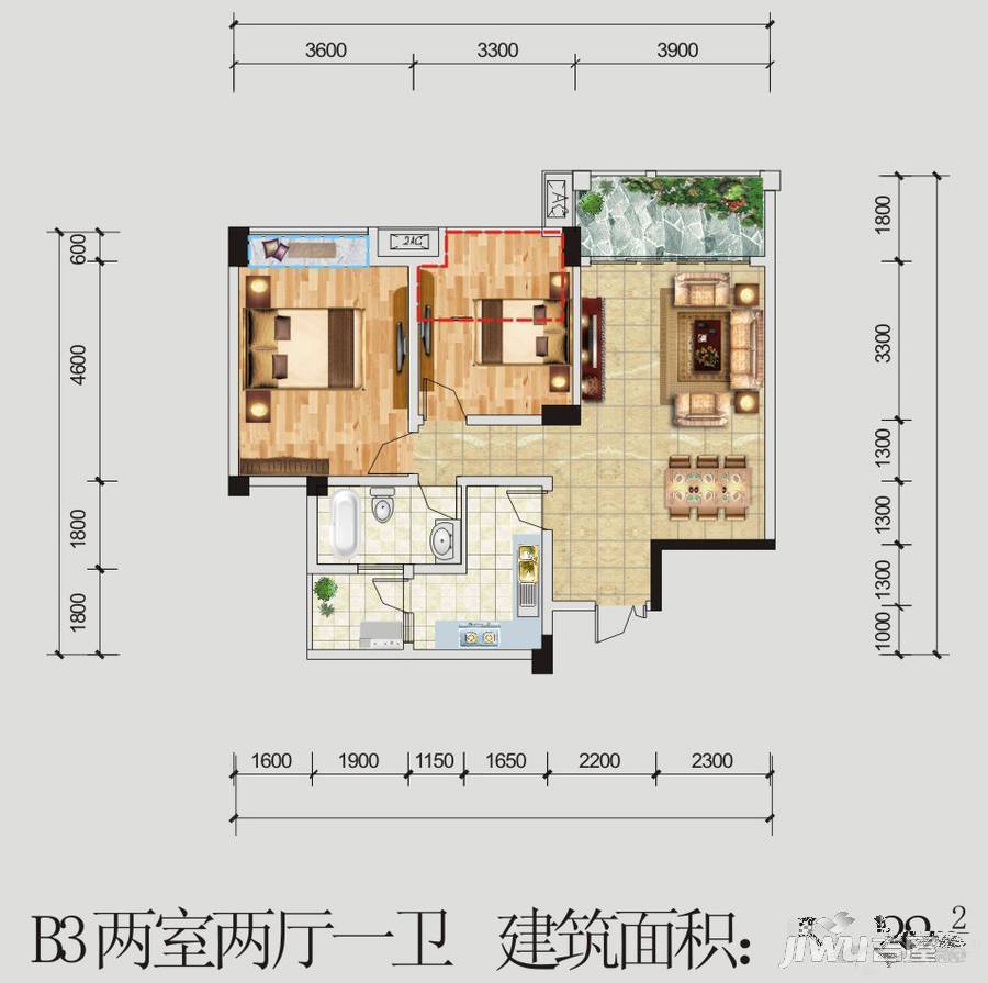 农商行春天广场2室2厅1卫91.3㎡户型图