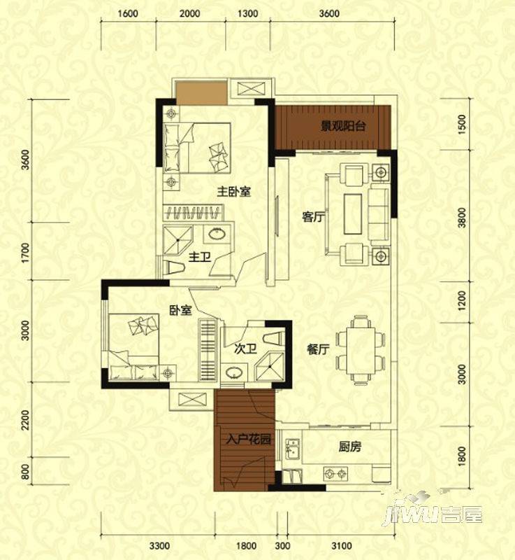 龙凯学府上城2室2厅2卫88㎡户型图