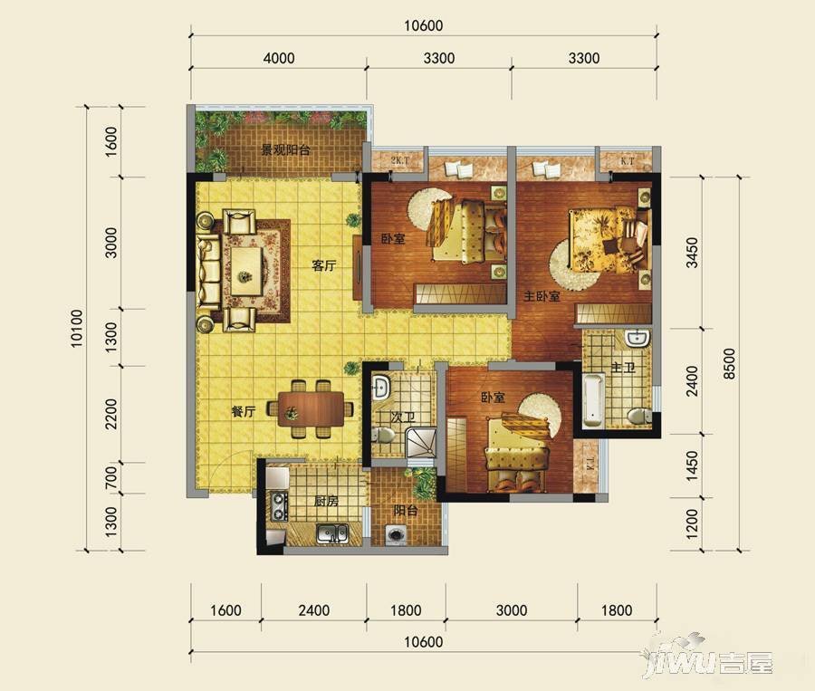 利鑫翡翠江畔3室2厅2卫97㎡户型图