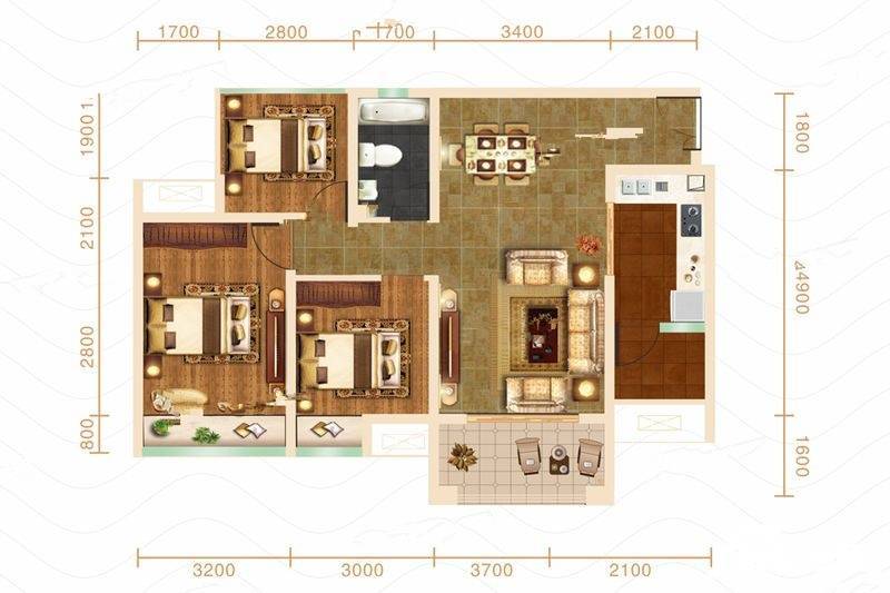 澜湖郡3室2厅1卫88㎡户型图