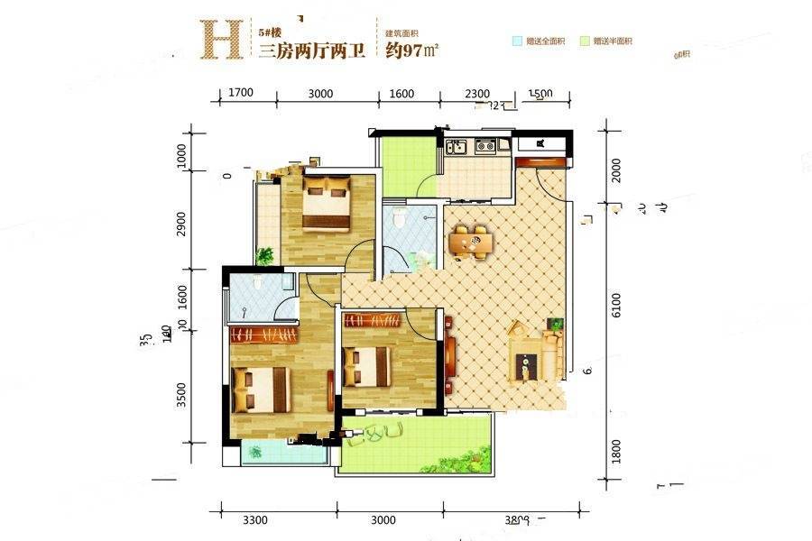 洲河新兰岸3室2厅2卫97㎡户型图