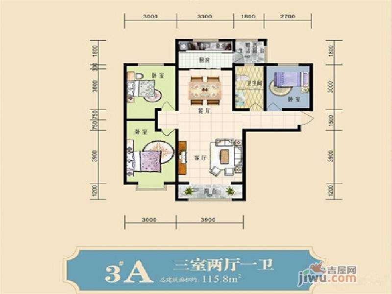 汇丰爱情公寓3室2厅1卫120.2㎡户型图