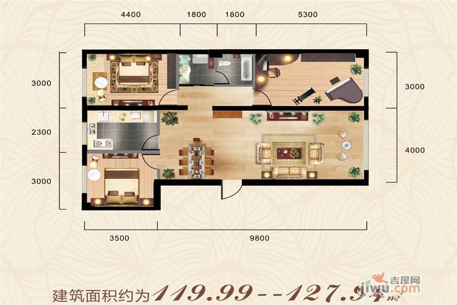 昊丰大厦二期3室2厅1卫127.9㎡户型图