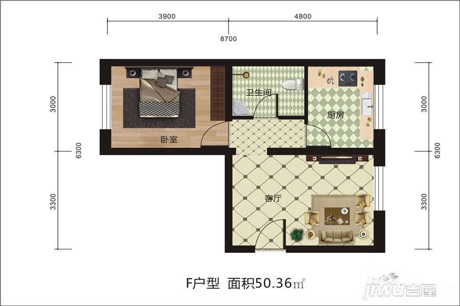 鑫界阳光里1室1厅1卫50.4㎡户型图