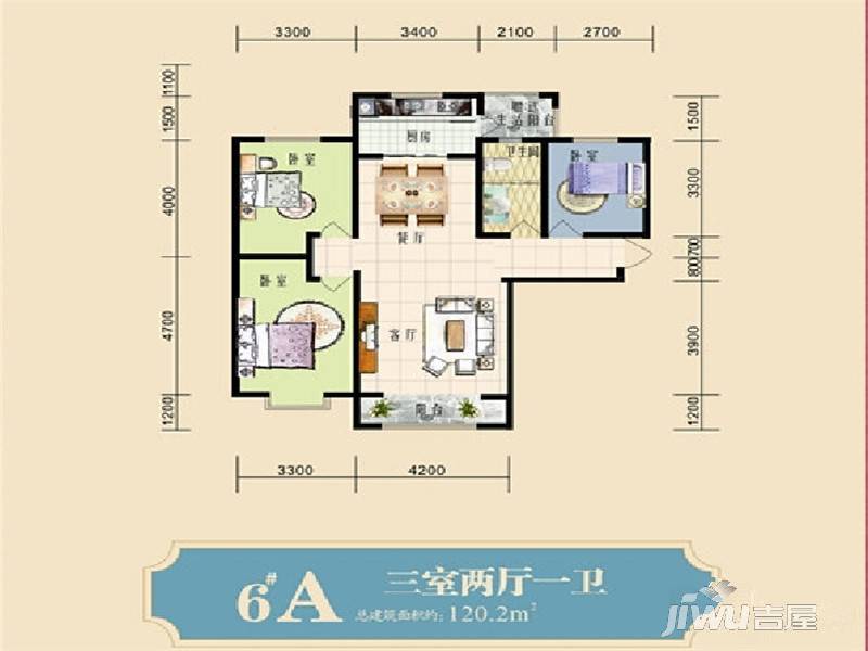 汇丰爱情公寓3室2厅1卫120.2㎡户型图