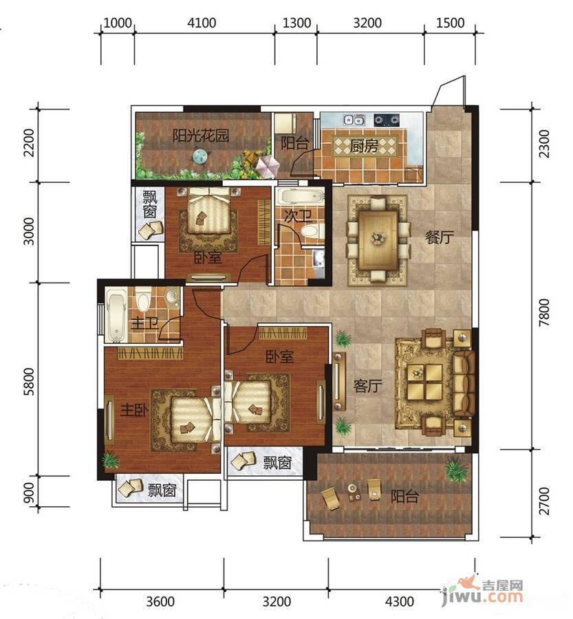 广汇圣湖城3室2厅2卫124.4㎡户型图