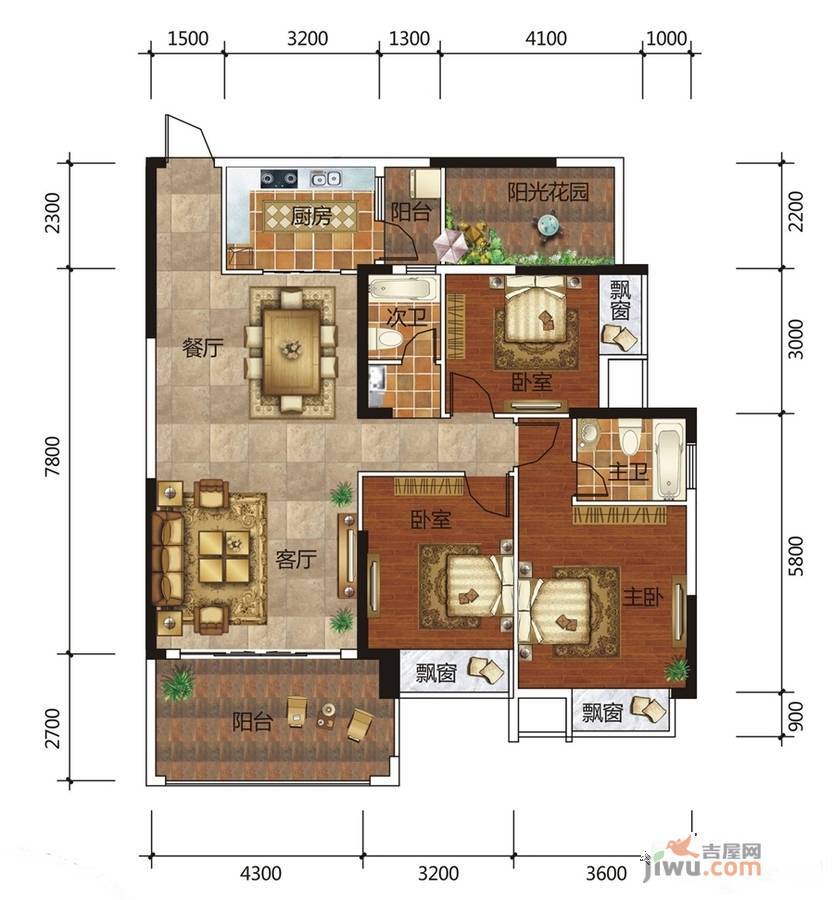 广汇圣湖城3室2厅2卫124.4㎡户型图