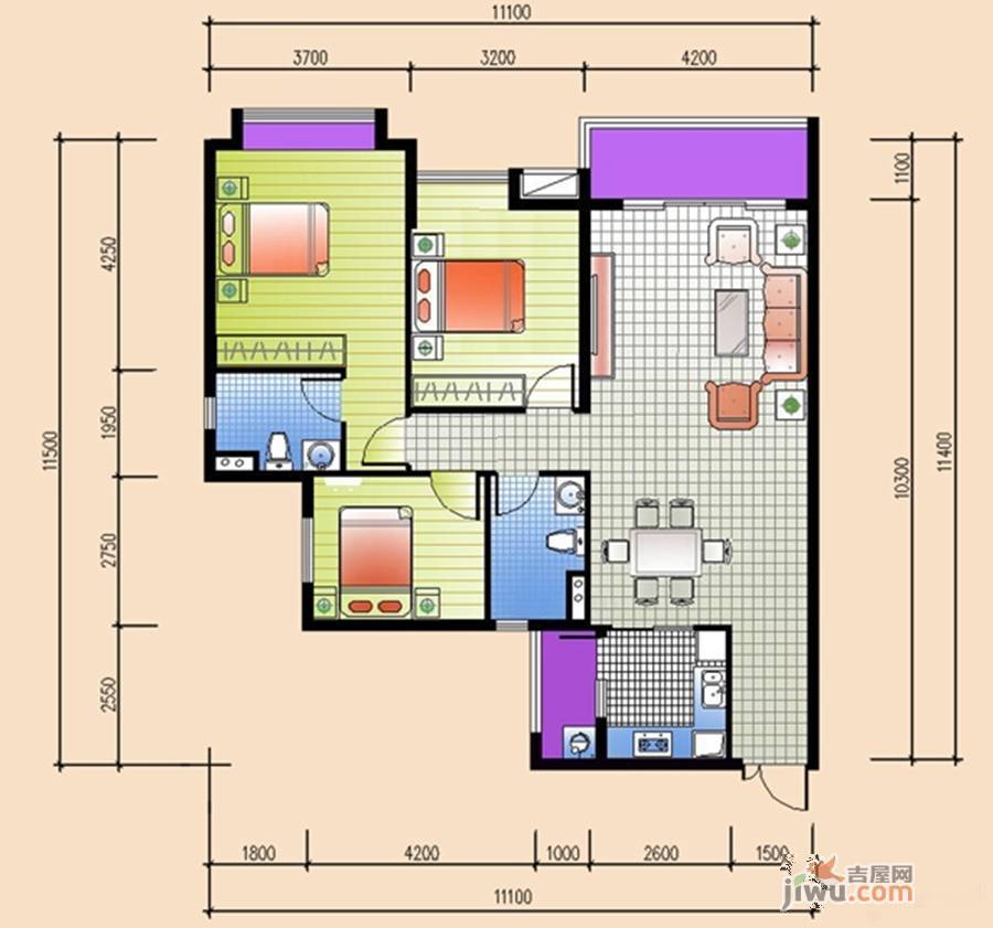 华鹏国际3室2厅2卫118㎡户型图