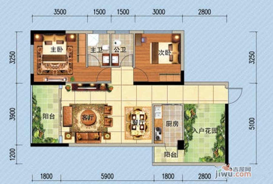 汇东星城2室2厅2卫88.8㎡户型图