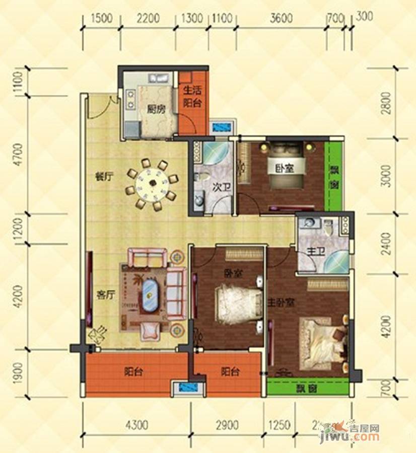 凤凰名城3室2厅2卫128.8㎡户型图