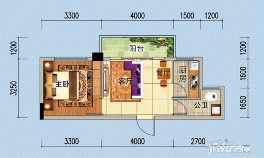 汇东星城1室2厅1卫39.3㎡户型图