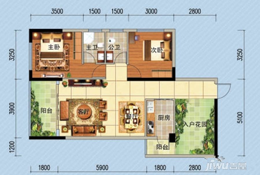 汇东星城2室2厅2卫88.8㎡户型图