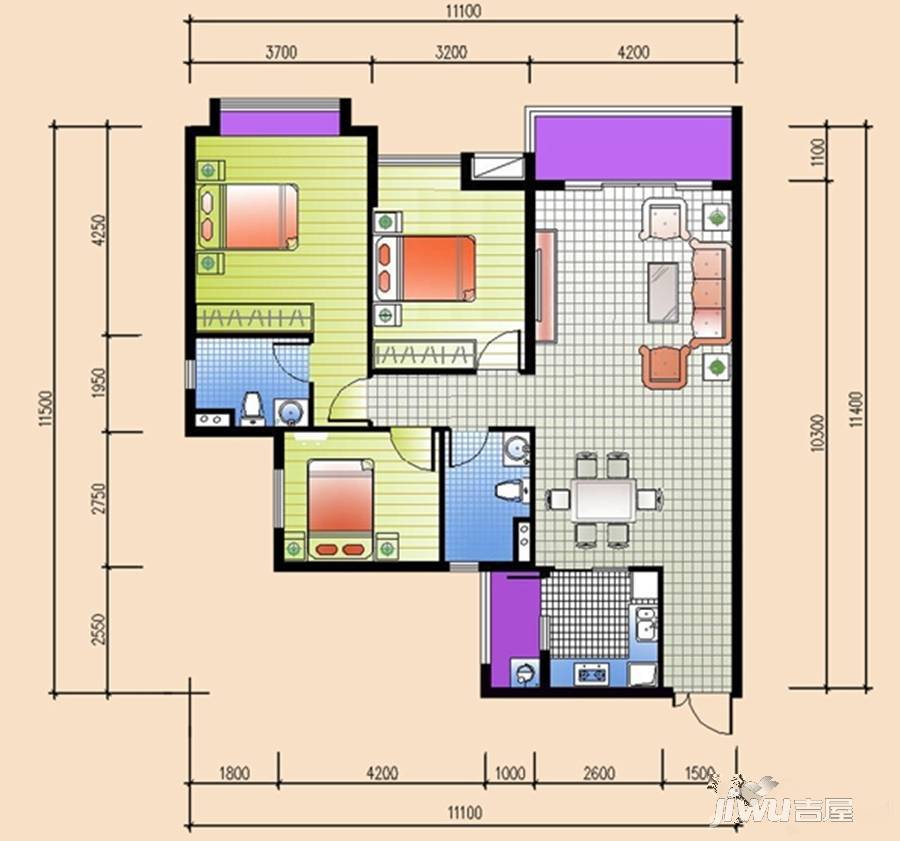 华鹏国际3室2厅2卫118㎡户型图