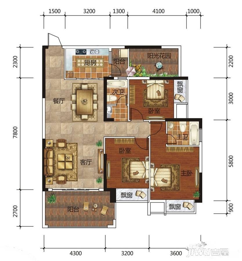 广汇圣湖城3室2厅2卫124.4㎡户型图