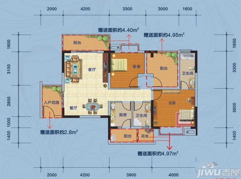 广汇东湖城2室2厅2卫106.1㎡户型图