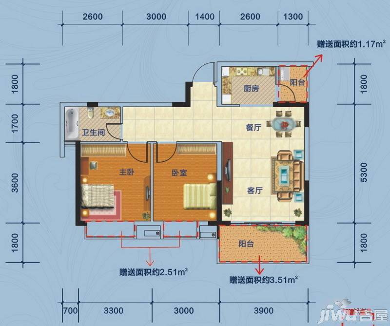 广汇东湖城2室2厅2卫83.7㎡户型图