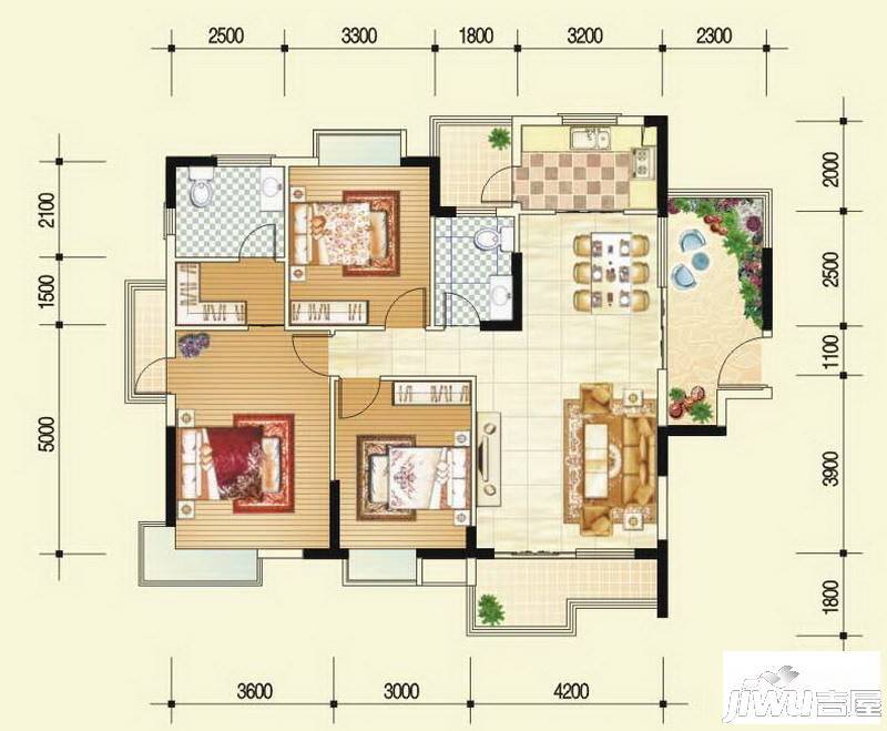 广汇东湖城3室2厅2卫127.3㎡户型图