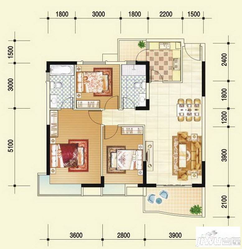 广汇东湖城3室2厅2卫111㎡户型图