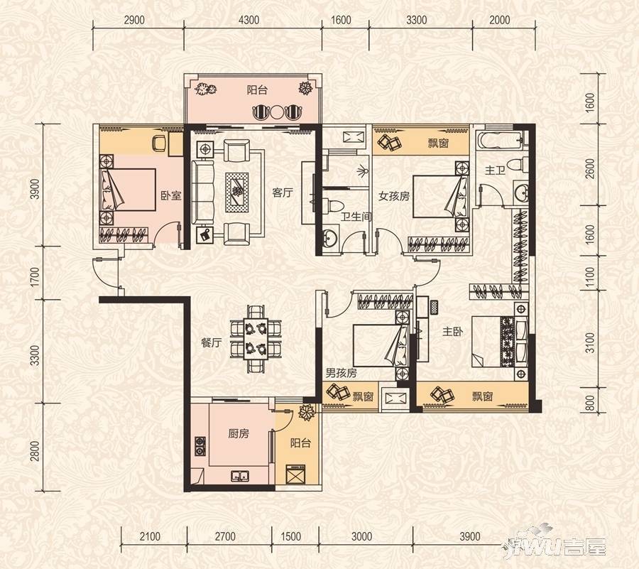 华泰官邸五期4室2厅2卫128.3㎡户型图