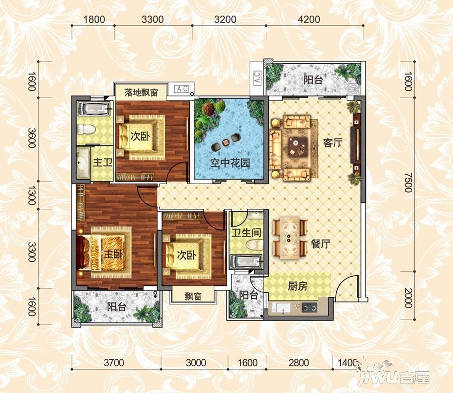 天悦华府3室2厅2卫133.1㎡户型图