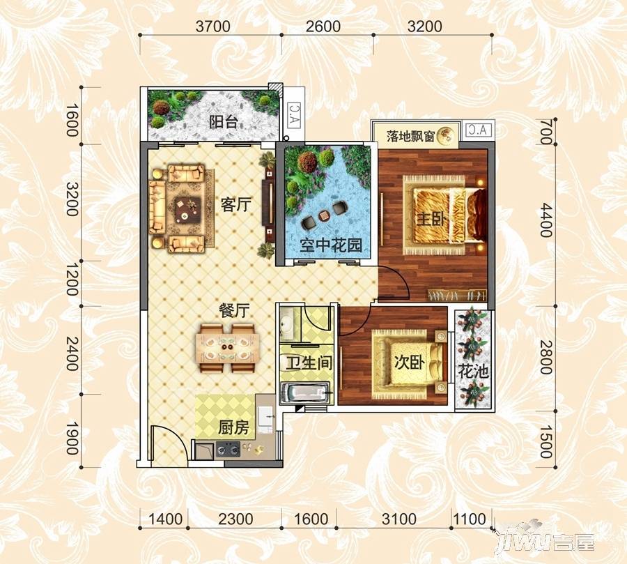 天悦华府2室1厅1卫85.9㎡户型图