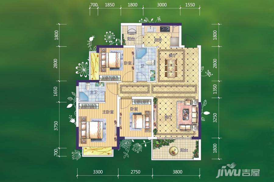 西江绿城香榭里花园2室2厅2卫97.3㎡户型图