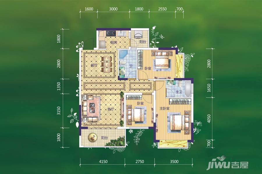 西江绿城香榭里花园2室2厅2卫103㎡户型图