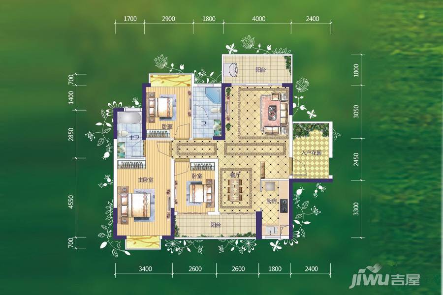 西江绿城香榭里花园2室2厅2卫111.1㎡户型图