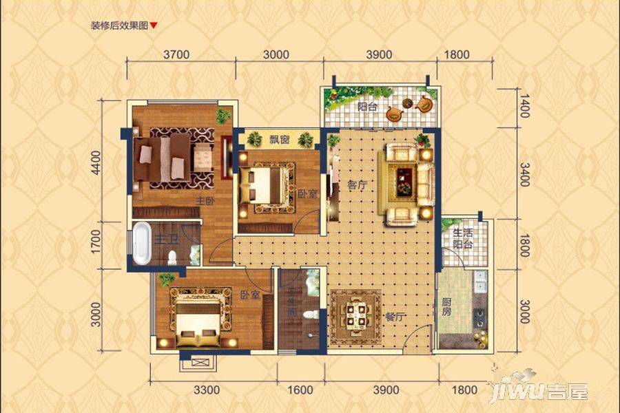 贵港大将国际公馆2栋a-01户型3房2厅2卫户型图_首付金额_3室2厅2卫