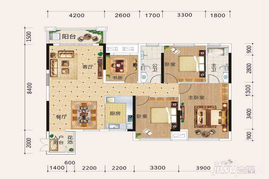 联邦太古3室2厅2卫130.5㎡户型图