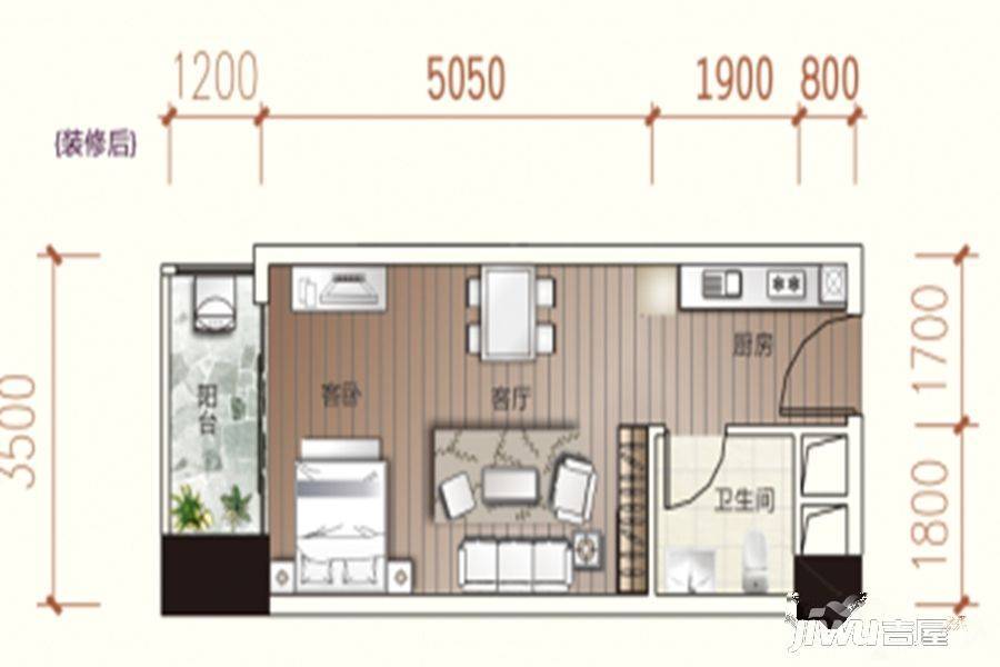 万锦中央城1室1厅1卫47.4㎡户型图