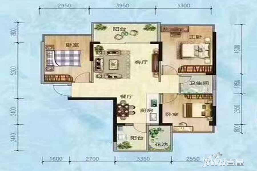 荣和花苑3室2厅1卫91.6㎡户型图