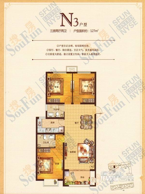 顺驰中央公馆3室2厅2卫127㎡户型图