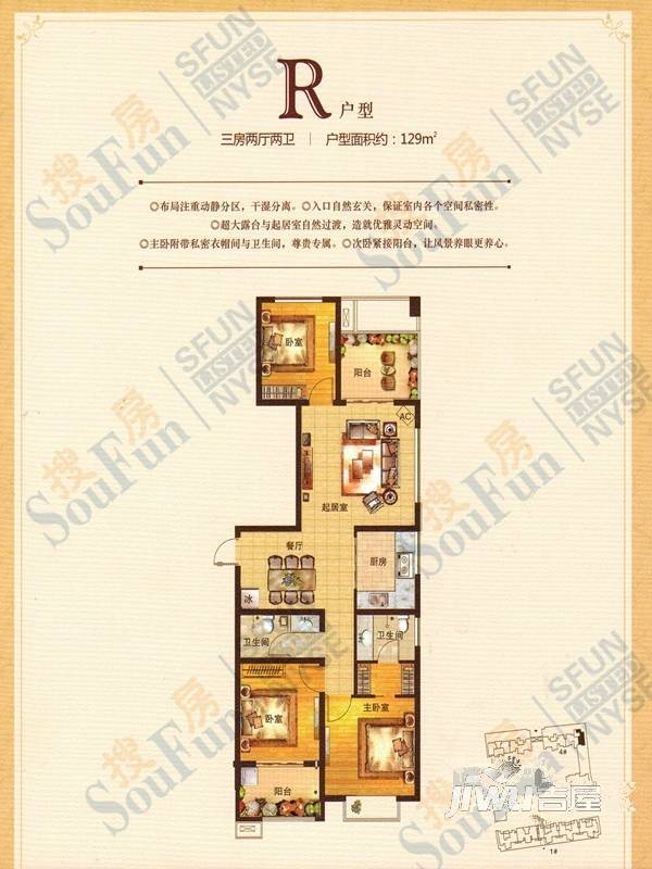 顺驰中央公馆3室2厅2卫129㎡户型图