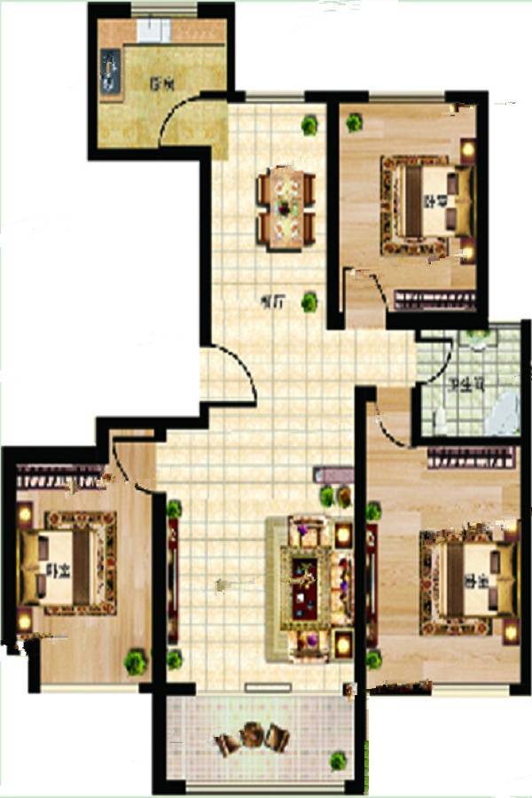 万龙广场3室2厅1卫124㎡户型图