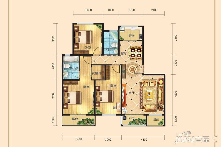 兰庭华府3室2厅2卫108.7㎡户型图