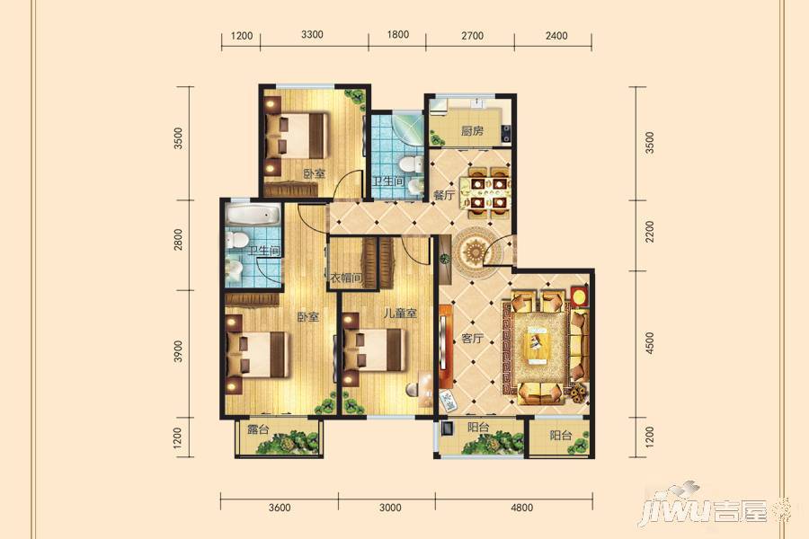 兰庭华府3室2厅2卫108.7㎡户型图