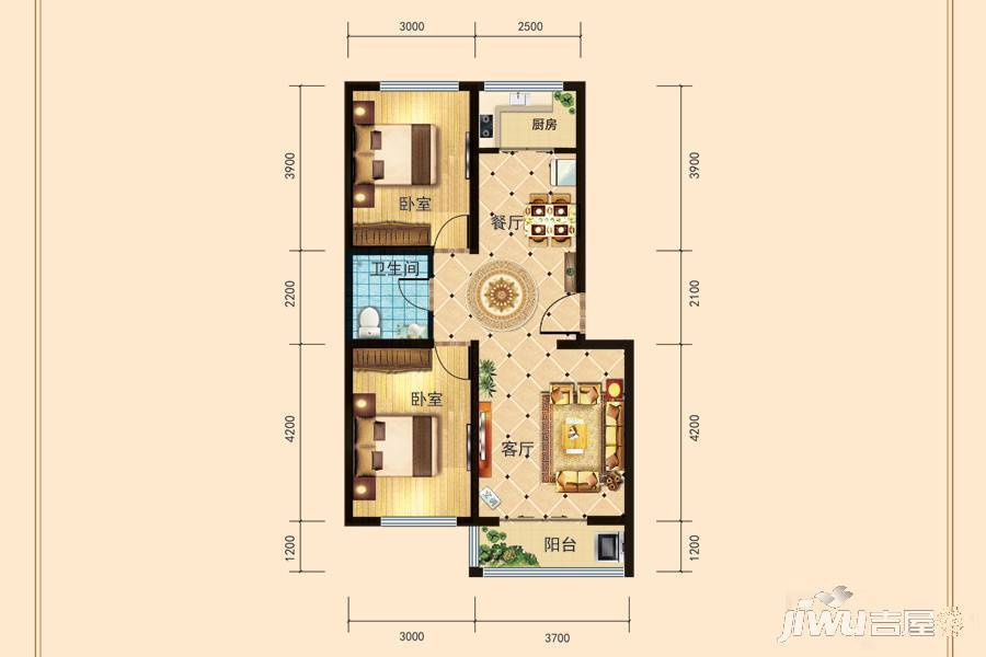 兰庭华府2室2厅1卫74.8㎡户型图