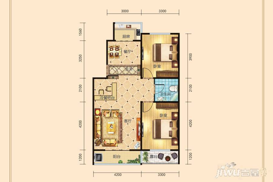 兰庭华府2室2厅1卫87.4㎡户型图