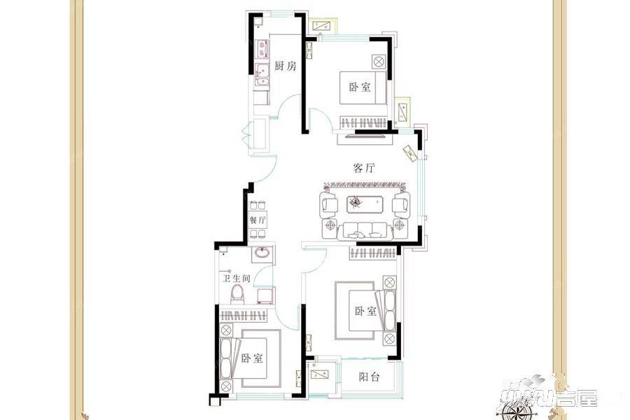 龙云国际3室2厅1卫95㎡户型图