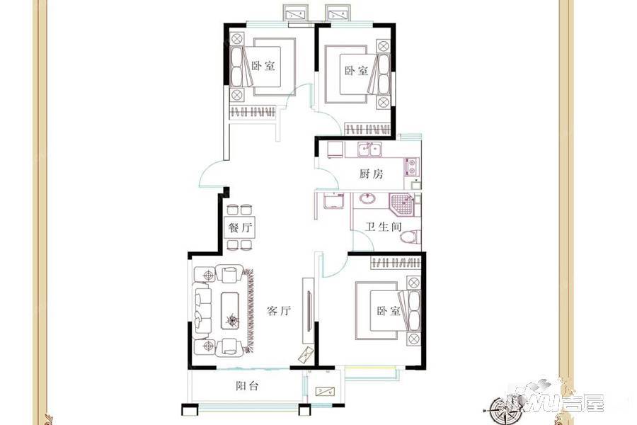 龙云国际3室2厅1卫113㎡户型图